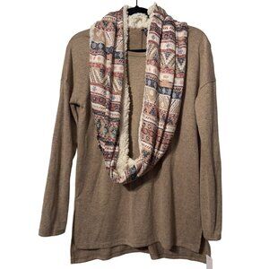 MASSINI Long Sleeve Beige Knit Top With Separate Aztec Pattern Scarf Size Small